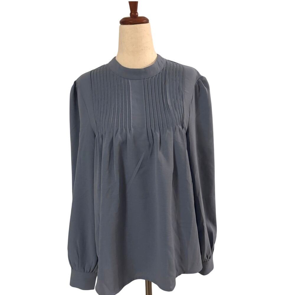 Liumilac Blue Pintuck Blouse Bow Tie Back Long Sleeve Top Size Small